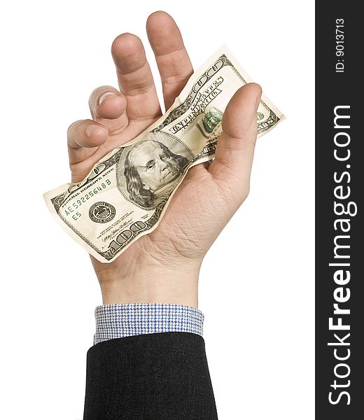 One hundred dollar bill on a man's hand. Isolated on white. One hundred dollar bill on a man's hand. Isolated on white.