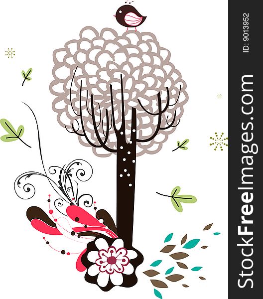 Bird and tree wallpaper design