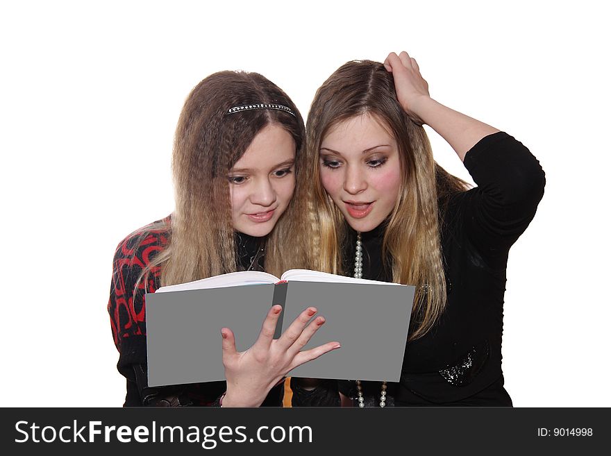 Women look the book on a white background