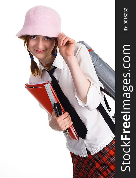 Cute student girl on white background