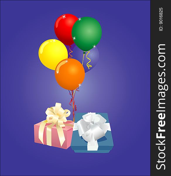 This picture have a balloons and presents