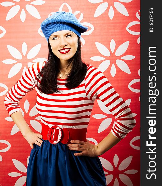 Young smiling caucasian woman wearing retro clothes. Young smiling caucasian woman wearing retro clothes