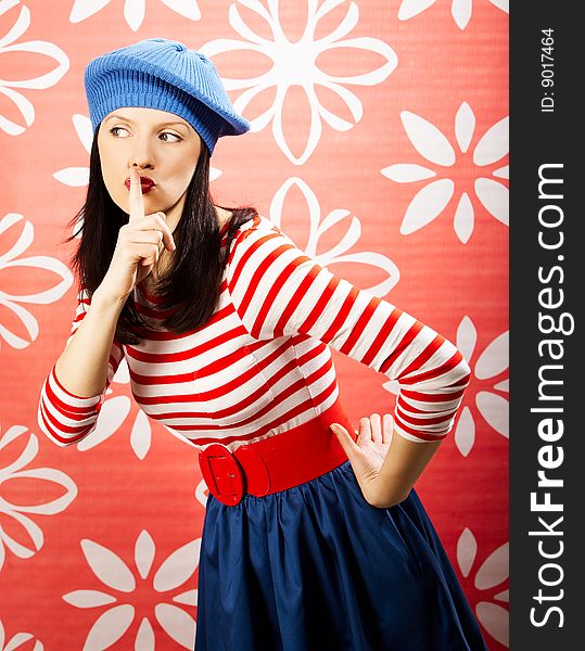 Young smiling caucasian woman wearing retro clothes. Young smiling caucasian woman wearing retro clothes