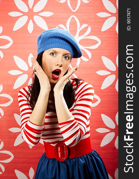 Young smiling caucasian woman wearing retro clothes. Young smiling caucasian woman wearing retro clothes