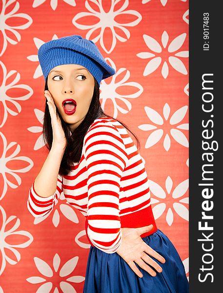 Young smiling caucasian woman wearing retro clothes. Young smiling caucasian woman wearing retro clothes