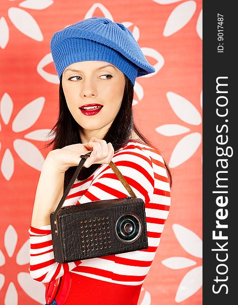 Young smiling caucasian woman wearing retro clothes. Young smiling caucasian woman wearing retro clothes