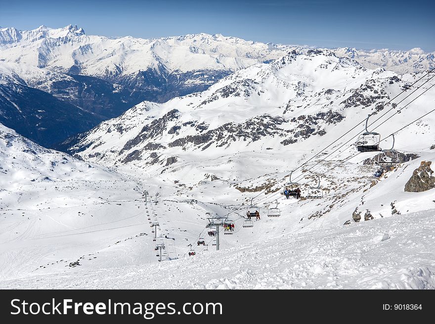 Winter Alps landscape from ski resort Val Thorens. 3 valleys