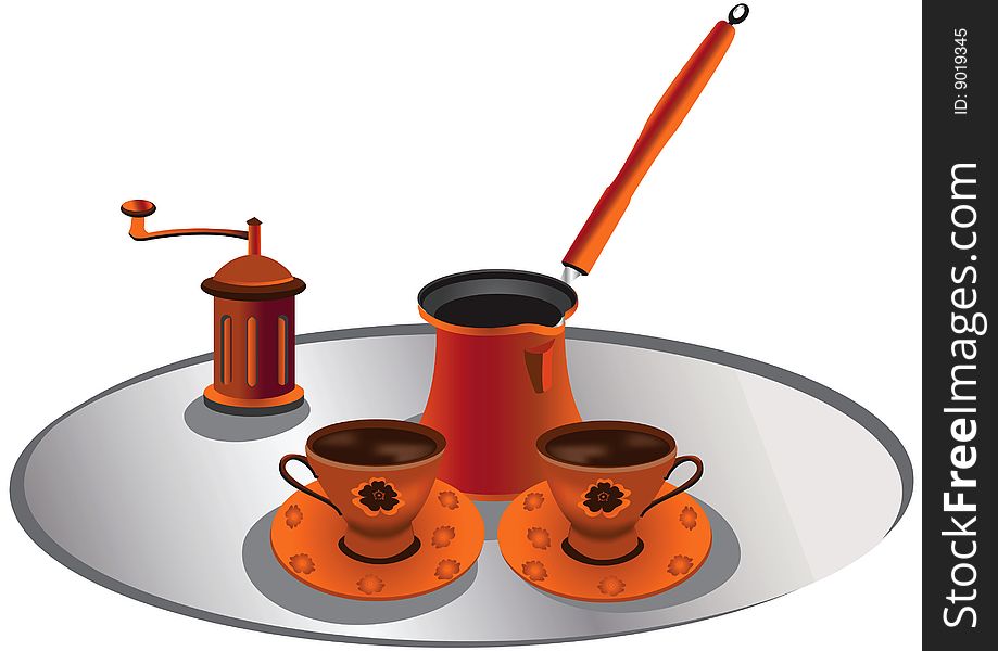 Set of Turkish coffee with a coffee grinder on a silver plate, vector illustration. Set of Turkish coffee with a coffee grinder on a silver plate, vector illustration