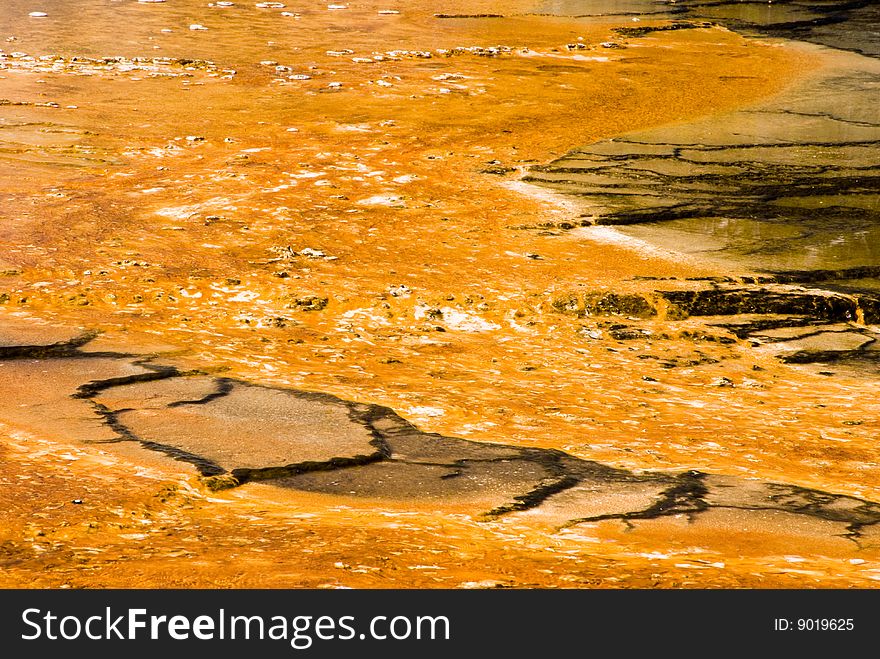 Colorful abstract patterns in a thermal pool in the geyser basins of Yellowstone National Park. Colorful abstract patterns in a thermal pool in the geyser basins of Yellowstone National Park
