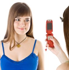 Two Teenage Girls Photographing On Mobile Phone Stock Image