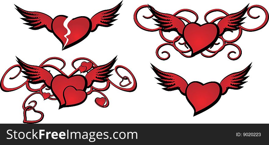 Four  illustrations of red hearts. Four  illustrations of red hearts