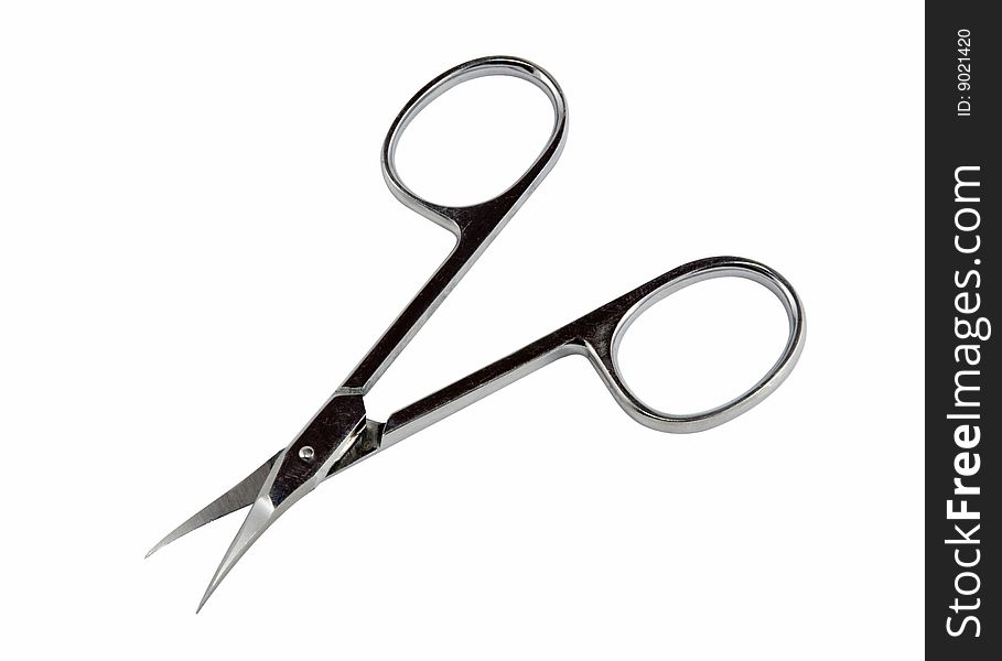 Open manicure scissors with attritions, isolated on a white background. Open manicure scissors with attritions, isolated on a white background