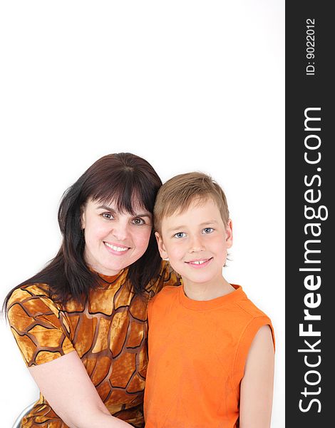 Portrait of woman with boy on white background