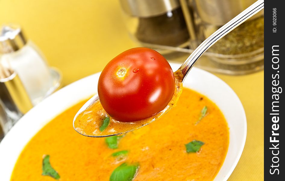 Soup from beet and tomato with sour cream, view from above. Soup from beet and tomato with sour cream, view from above.