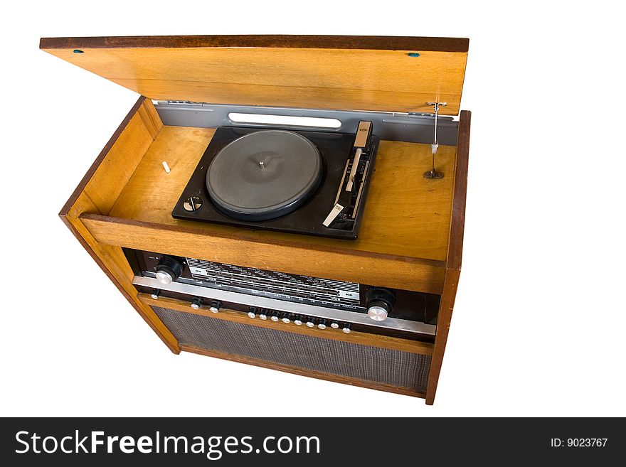 Old radio receiver combined with vinyl player with clipping path