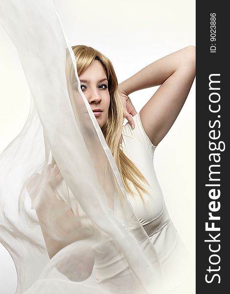 Very beautiful blond angel with white wrap. Very beautiful blond angel with white wrap