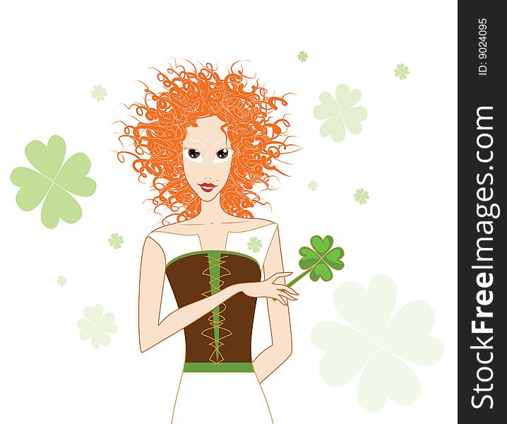 Vector Illustration Irish Girl with Shamrock