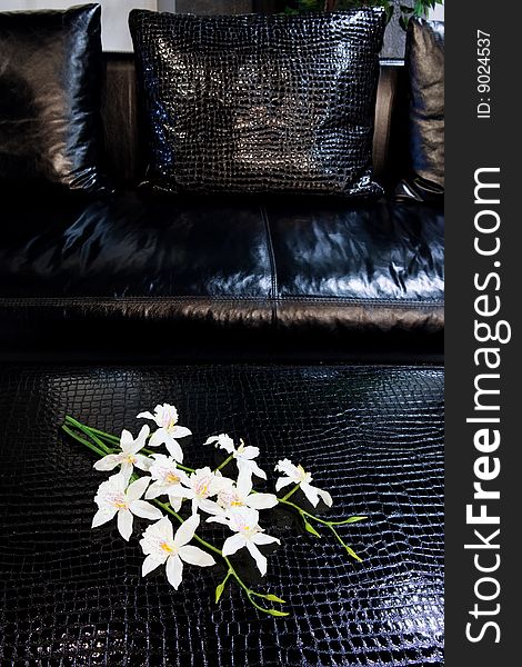 Beautiful white flowers on a black leather sofa