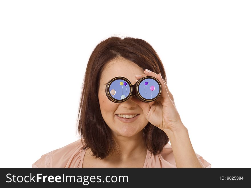 Young woman looking through binocular. isolated on white background