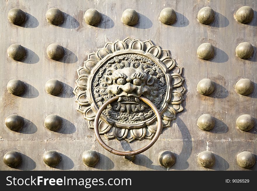 Old bronze lion door knocker on the door