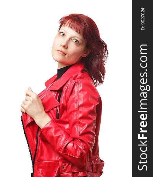 Woman in red jacket on white background