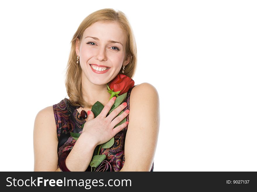 Young woman with rose. Isolated on white background