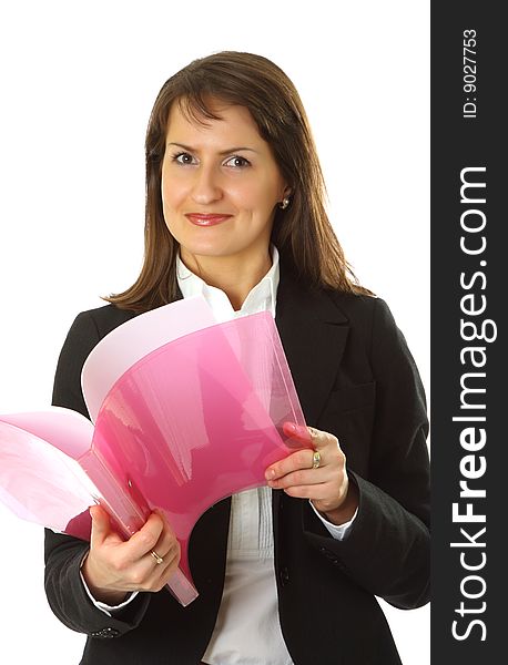 Successful young business woman, isolated on a white background