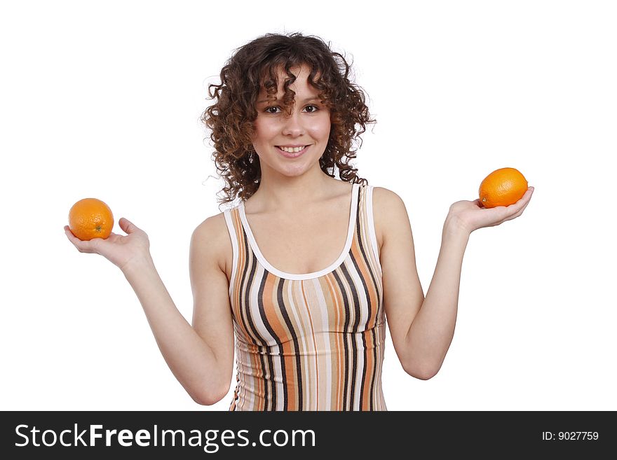 Beautiful young girl with orange. Pretty Woman and Fruit Diet Series. Smiling young healthy woman holding the orange in her hand. Isolated over white background. Beautiful young girl with orange. Pretty Woman and Fruit Diet Series. Smiling young healthy woman holding the orange in her hand. Isolated over white background.