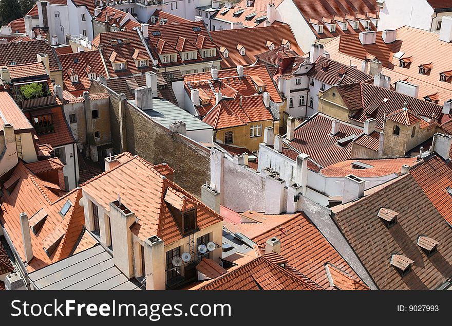 View to roofs of Prague, with ceramic tiles. Picture taken from tower of St. Nicolas church