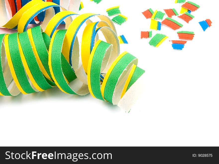 Colorful party streamers on white background