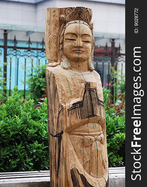 Unfinished Wooden Carving of Bodhisattva