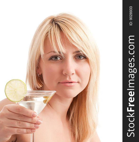 Girl hold glass with martini cocktail