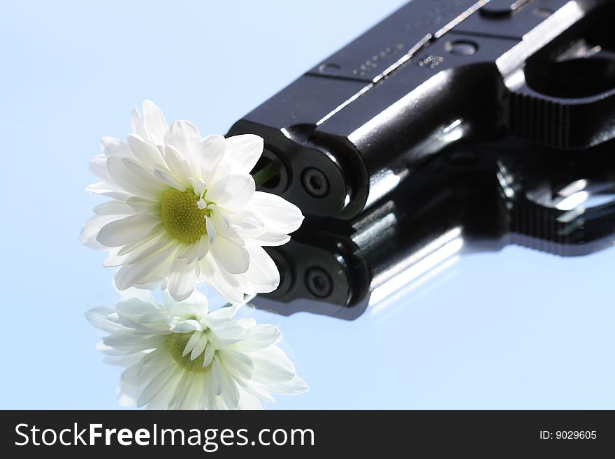 Black modern automatic pistol with flower isolated on blue sky background. Black modern automatic pistol with flower isolated on blue sky background