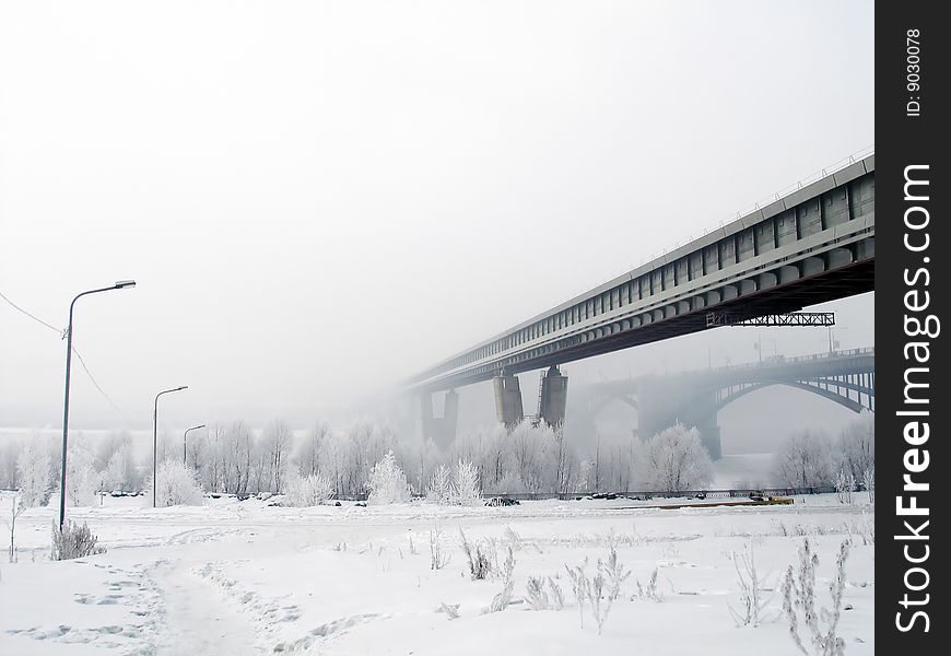 View on the bridges in the winter morning