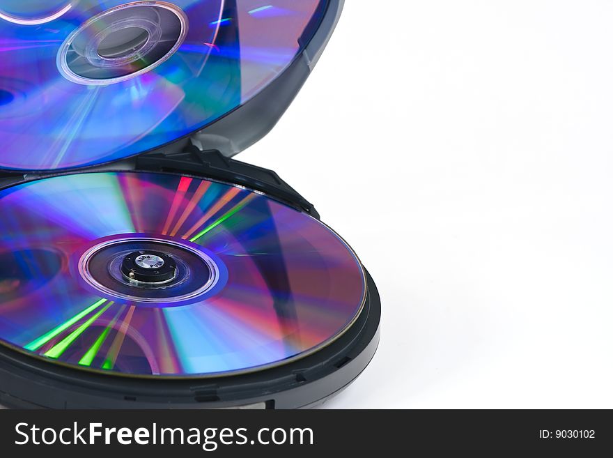 Media player with compact disk on white background. Media player with compact disk on white background