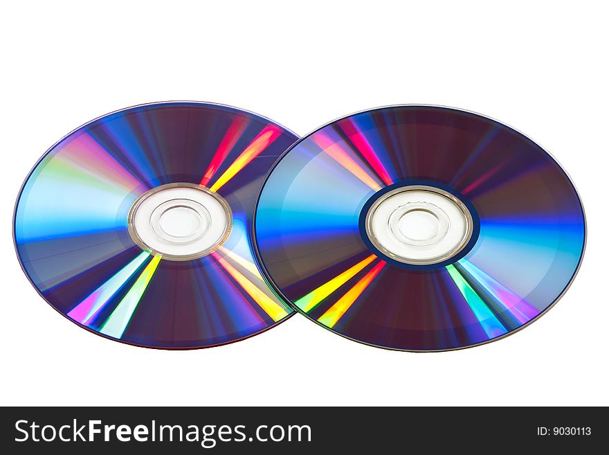 Two colorfull compact disks on white background with clipping paths. Two colorfull compact disks on white background with clipping paths