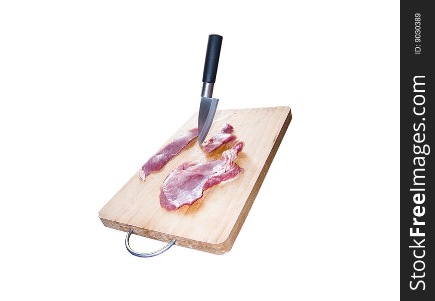 Meat with knife on cutting board isolated on white