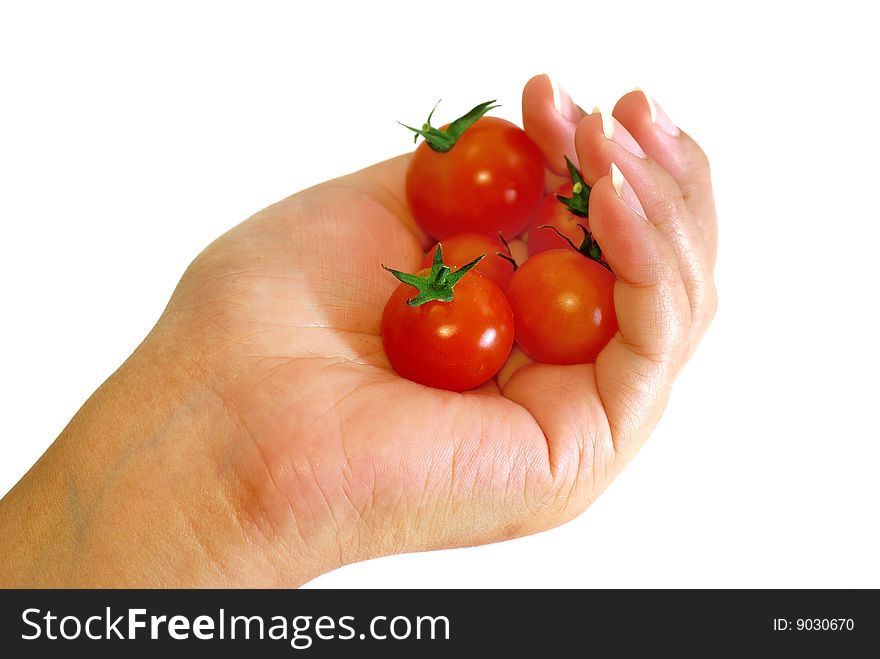 Close up capture fresh red tomato on hand. Close up capture fresh red tomato on hand