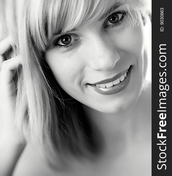 Close-up portrait of caucasian young woman with beautiful blue eyes. Black and white. Close-up portrait of caucasian young woman with beautiful blue eyes. Black and white
