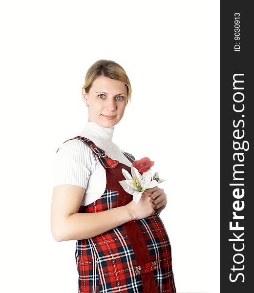 Happy pregnant woman with flowers on isolated