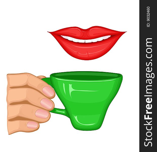 Female lips, brush of a hand and drink. Female lips, brush of a hand and drink