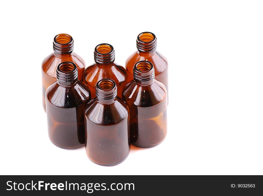 Brown vials for storage of medical preparations and chemical reactants.