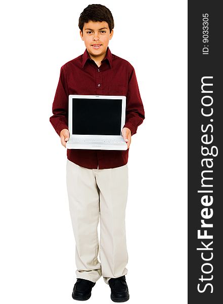 Child showing a laptop isolated over white. Child showing a laptop isolated over white