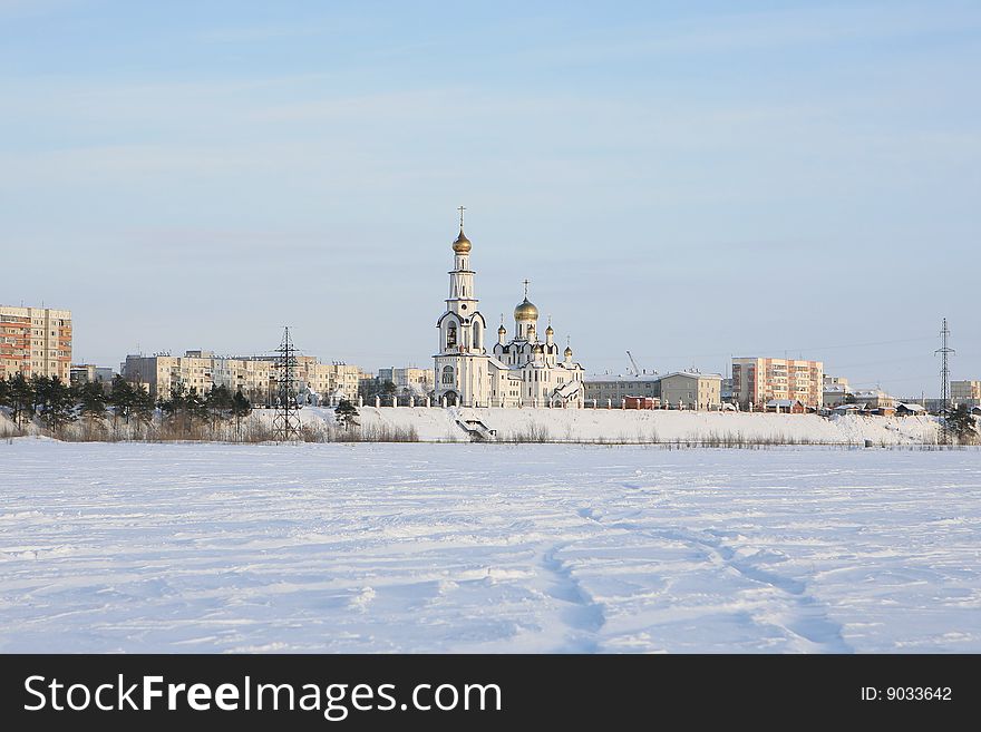 Russian orthodox christian cathedral Winter city landscape with Russian orthodox christian cathedral