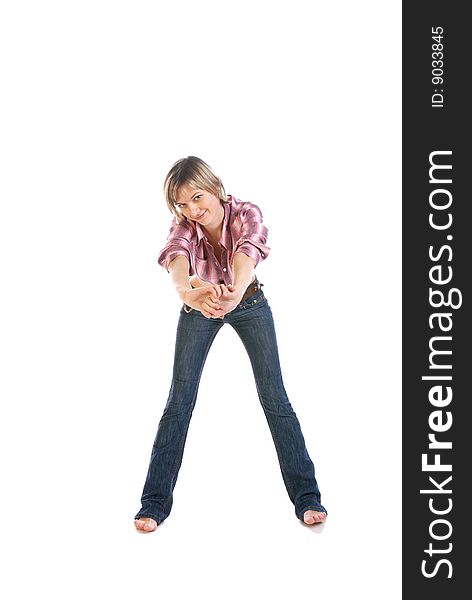 Young woman stretching isolated over white