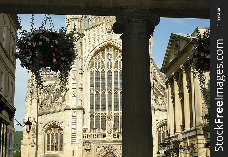 View behind classical style column; Bath, England. View behind classical style column; Bath, England