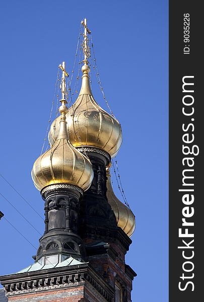 The russian church in Copenhagen, the golden spire. The russian church in Copenhagen, the golden spire