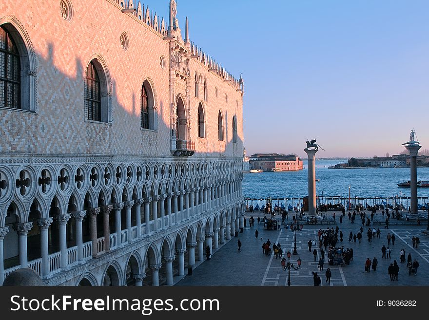 Palazzo Ducale and columns, sunset, Venice. Palazzo Ducale and columns, sunset, Venice