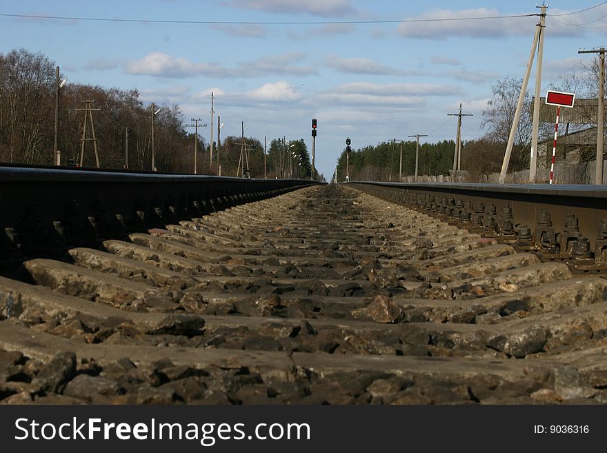 Railway. Rails, railroad ties, way forward to future.