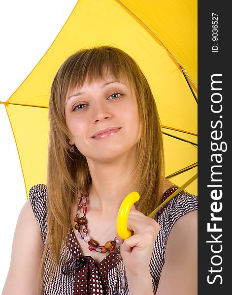 Beautiful woman with yellow umbrella on white background. Beautiful woman with yellow umbrella on white background